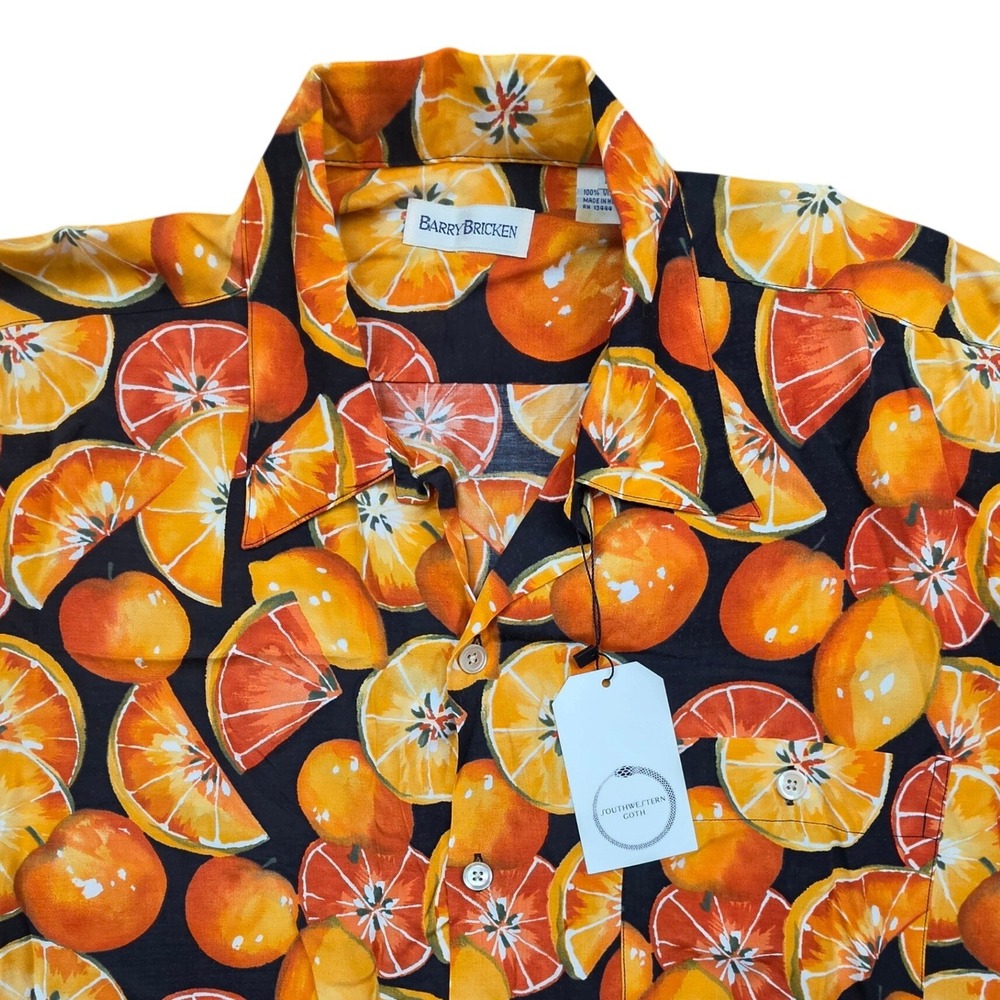Citrus Fruit Print Viscose Camp Shirt Black Orange Medium Barry Bricken Mens